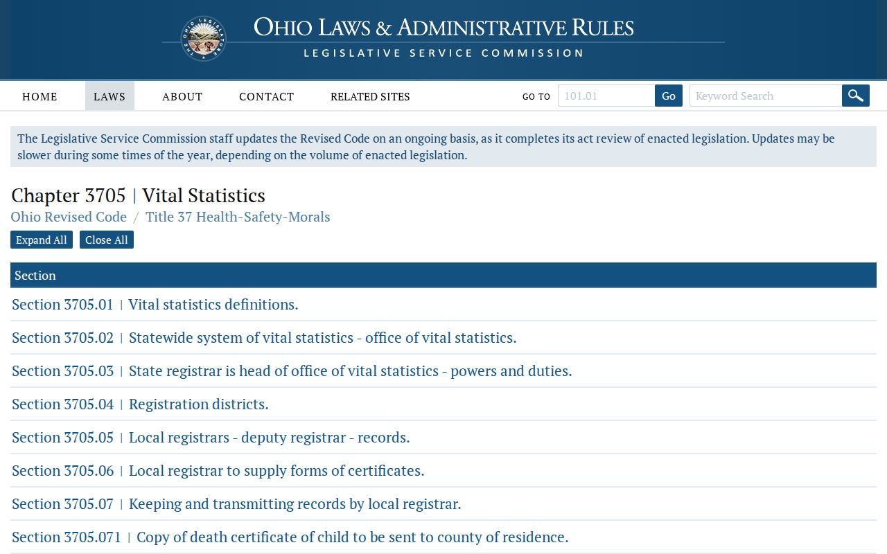 North Olmsted previous residents research and Ohio vital records law