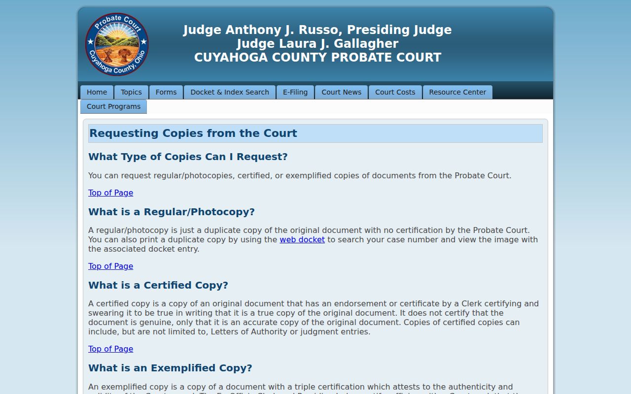 North Olmsted resident lookup and Cuyahoga Probate Court copy instructions
