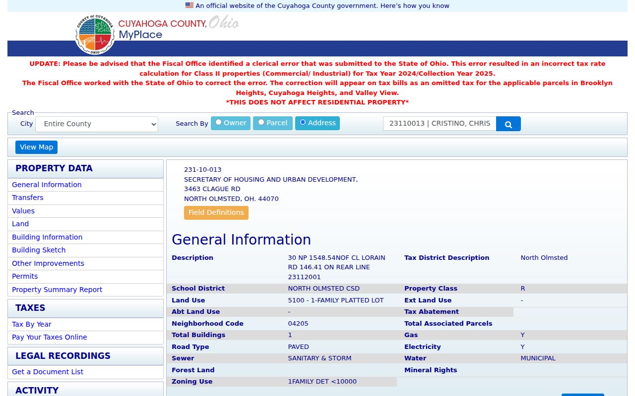 North Olmsted ZIP code directory MyPlace parcel address result